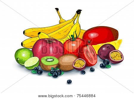 Lots of ripe tropical fruits
