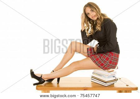 School Girl Sit On Books Legs Out
