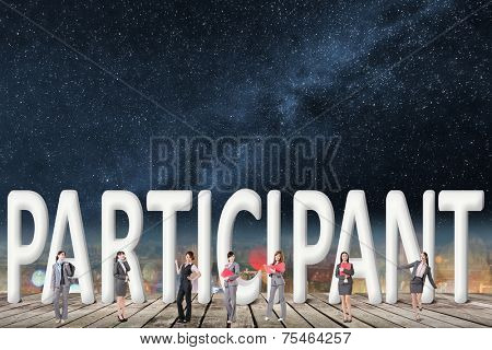 Concept of partner, friends,collaborate with group of business people stand with 3d text. 