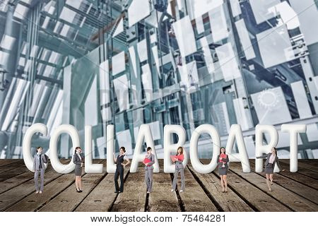 Concept of partner, friends,collaborate with group of business people stand with 3d text. 