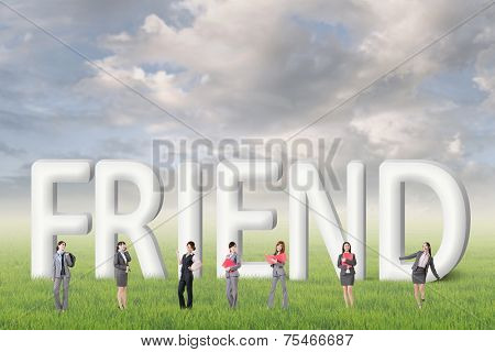 Concept of partner, friends,collaborate with group of business people stand with 3d text. 