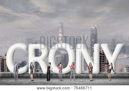 Concept of partner, friends,collaborate with group of business people stand with 3d text. 