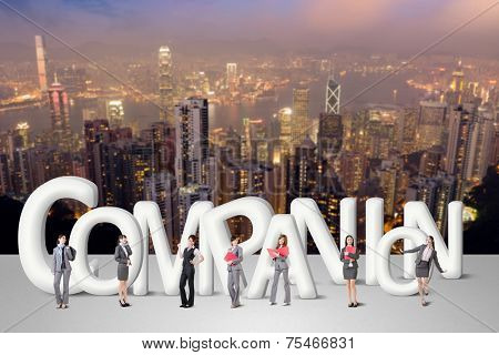 Concept of partner, friends,collaborate with group of business people stand with 3d text. 