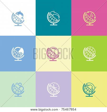 School globe set. Flat color vector icons.