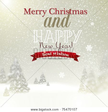 Beautiful Christmas background with blurred Christmas trees. White winter landscape. Starry sky. Vector Illustration