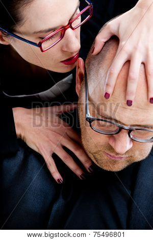 Woman Whispering Nastily Venom In Man's Ear