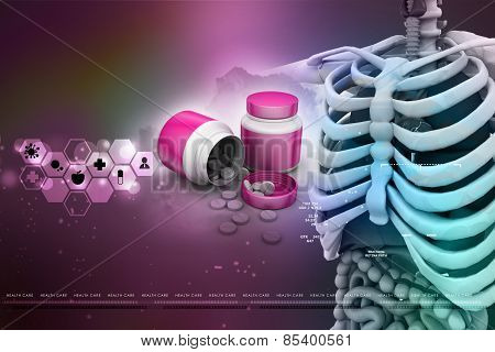 human anatomy with medicine bottle