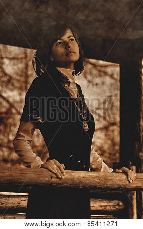 beautiful young woman with dark hair and a black velvet historical dress vintage sepia version