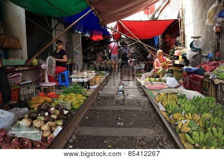Vegetable and fruits selling at maekong railway station , Thailand.