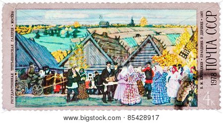 Stamp printed in USSR shows painting by artist Boris Kustodiev