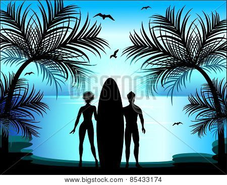Silhouette Of Man And Woman On The Background Of A Tropical Landscape. Surfing. Just Married.