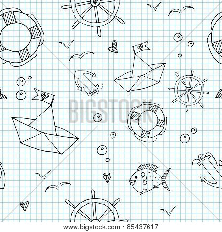 seamless doodle pattern marine theme