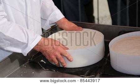 Hands Of The Elderly Manufacturer Of Cheese While Doing The Cheese
