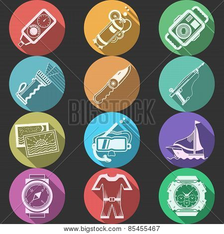 Scuba equipment flat color vector icons