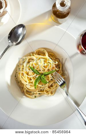Spaghetti with Dorblu Cheese and Basil Leaf