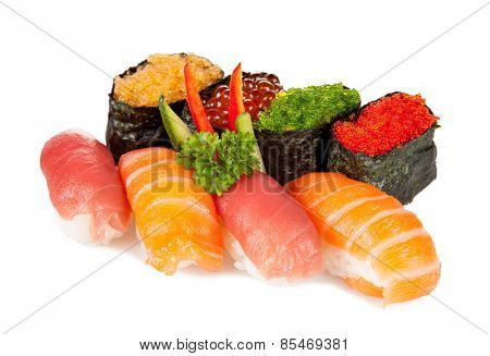 Various kinds of sushi food served on white background