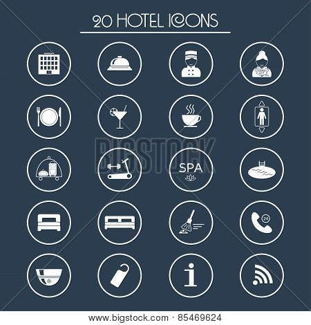 20 Hotel Services Icons. Silhouette. Vector