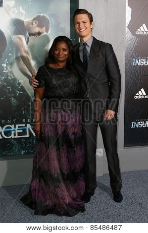 NEW YORK-MAR 16: Actors Octavia Spencer (L) and Ansel Elgort attend the U.S. premiere of 