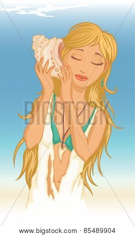 young woman with seashell