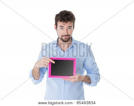 Modern Men Showing Something On His Tablet With His Index