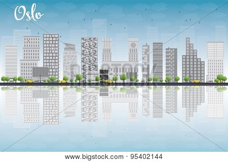 Oslo Skyline with Grey Building, Blue Sky and reflections