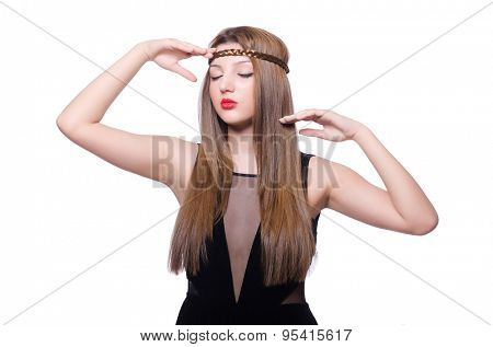 Young lady in long black dress isolated on white