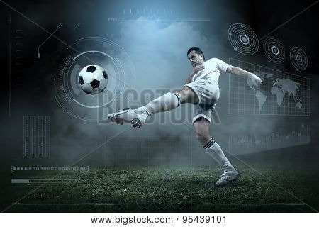 Soccer player with ball in action outdoors