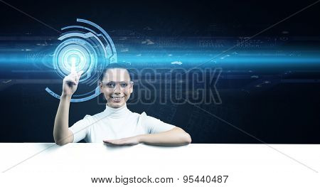 Young woman in white and virtual blue interfase