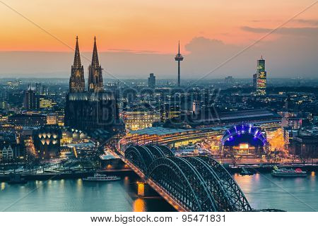 Aerial view on Cologne at dusk