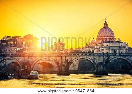 View at Tiber and St. Peter's cathedral in Rome