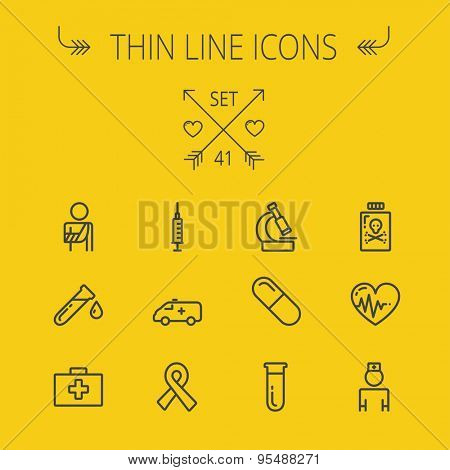 Medicine thin line icon set for web and mobile. Set includes- heart with cardiogram, lady nurse, first aid kit, capsule, syringe, test tube, unity ribbon, ambulance icons. Modern minimalistic flat