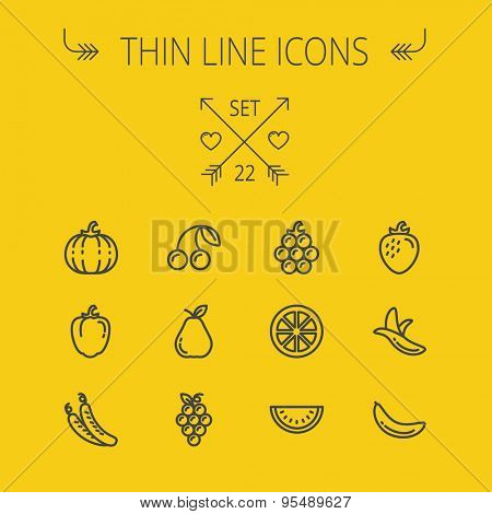 Food and drink thin line icon set for web and mobile. Set includes- squash, grapes, banana, pineapple, greenbellpepper, melon, icons. Modern minimalistic flat design. Vector dark grey icon on yellow