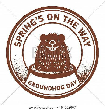 Grunge rubber stamp or sign with cute groundhog and text Springs on the way Groundhog Day vector illustration