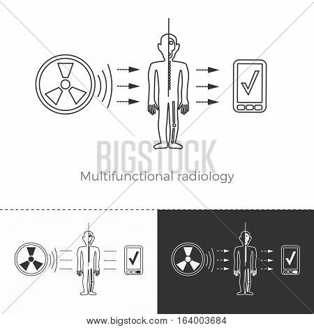 Vector illustration of future medicine trend. Medical gadgets and technological innovations. Thin line concept icon. Multifunctional radiology and full-body screening to prevent diseases.