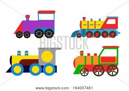 Cartoon toy train with colorful blocks isolated over white vector set. Railroad and cartoon carriage game fun leisure joy gift. Locomotive transportation set.