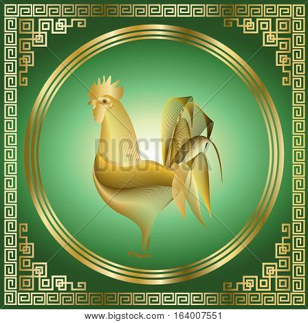 Golden rooster with pattern on green background