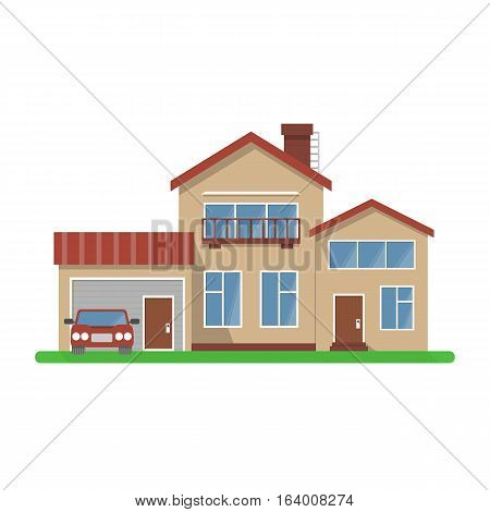 Stylish house vector illustration. Flat design, isolated on white background, bright colors, detailed image.Car included!