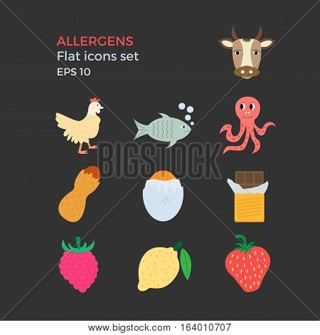 Allergens flat design icons set on black background. Vector illustration of food ingridients, that may cause allergy.