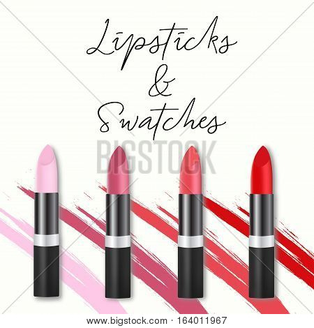 Vector lipsticks set with grunge brush swatches, cosmetics concept. Woman's cosmetics lipgloss elements and hand drawn text.