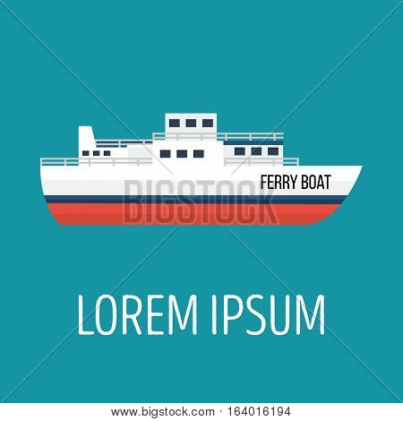 Vector seaway ocean delivery and shipping boat. Ship in modern flat style for illustrations, poster, t-shirts, web sites and others. Vector illustration isolated on a blue background.