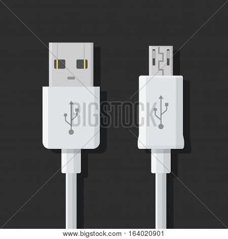 Micro USB cables on dark background. Connectors and sockets for PC and mobile devices.