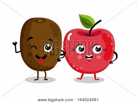 Cute fruit cartoon characters isolated on white background vector illustration. Funny cherry and kiwi emoticon face icon collection. Happy smile cartoon face food emoji, comical fruit mascot set.