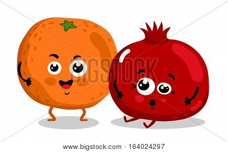 Cute fruit cartoon characters isolated on white background vector illustration. Funny orange and pomegranate emoticon face icon collection. Happy smile cartoon face food emoji, comical fruit mascot.