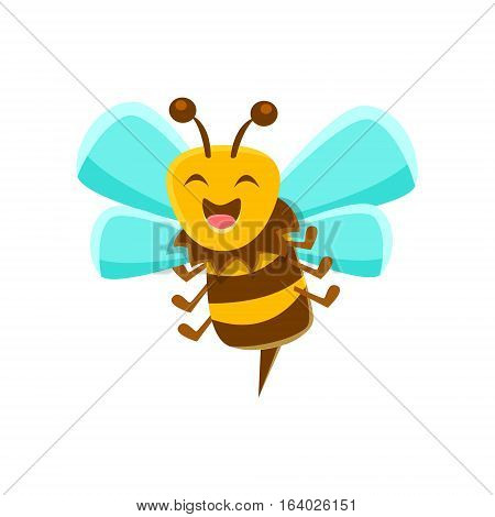 Laughing Bee Mid Air With Sting, Natural Honey Production Related Carton Illustration. Primitive Vector Drawing With Beekeeping Associated Object Isolated On White Background.