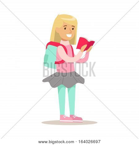 Girl With Backpack Who Loves To Read Illustrations With Kid Enjoying Reading An Open Book. Teenager Bookworm Cartoon Vector Character Smiling And Enjoying His Pastime And Hobby.