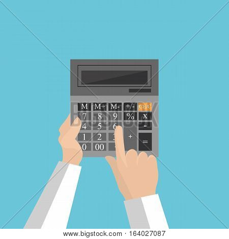 vector gray calculator with hands on a blue background