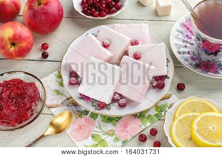 The tea party with pink and white lucum jam and lemon