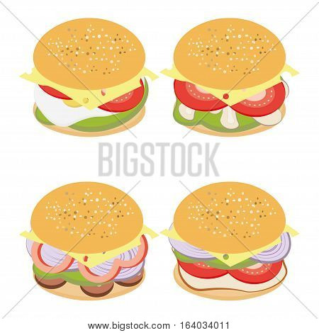 Hamburger ingredients flat isometric style infographics. Food, vegetable and salad.