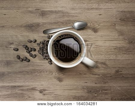 Coffee Mug with spoon and coffee bean on Wooden Table