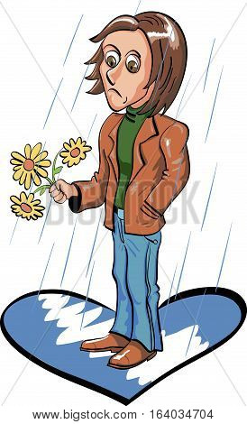 Sad young man  waiting for date under the rain. Vector illustration